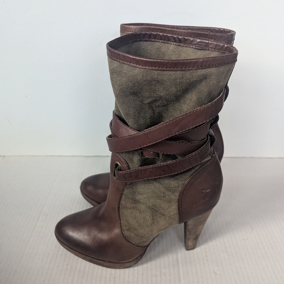 Frye Harlow Multi Strappy Harness BrownbTan Heeled Leather Canvas Boots 10 M - Picture 3 of 12